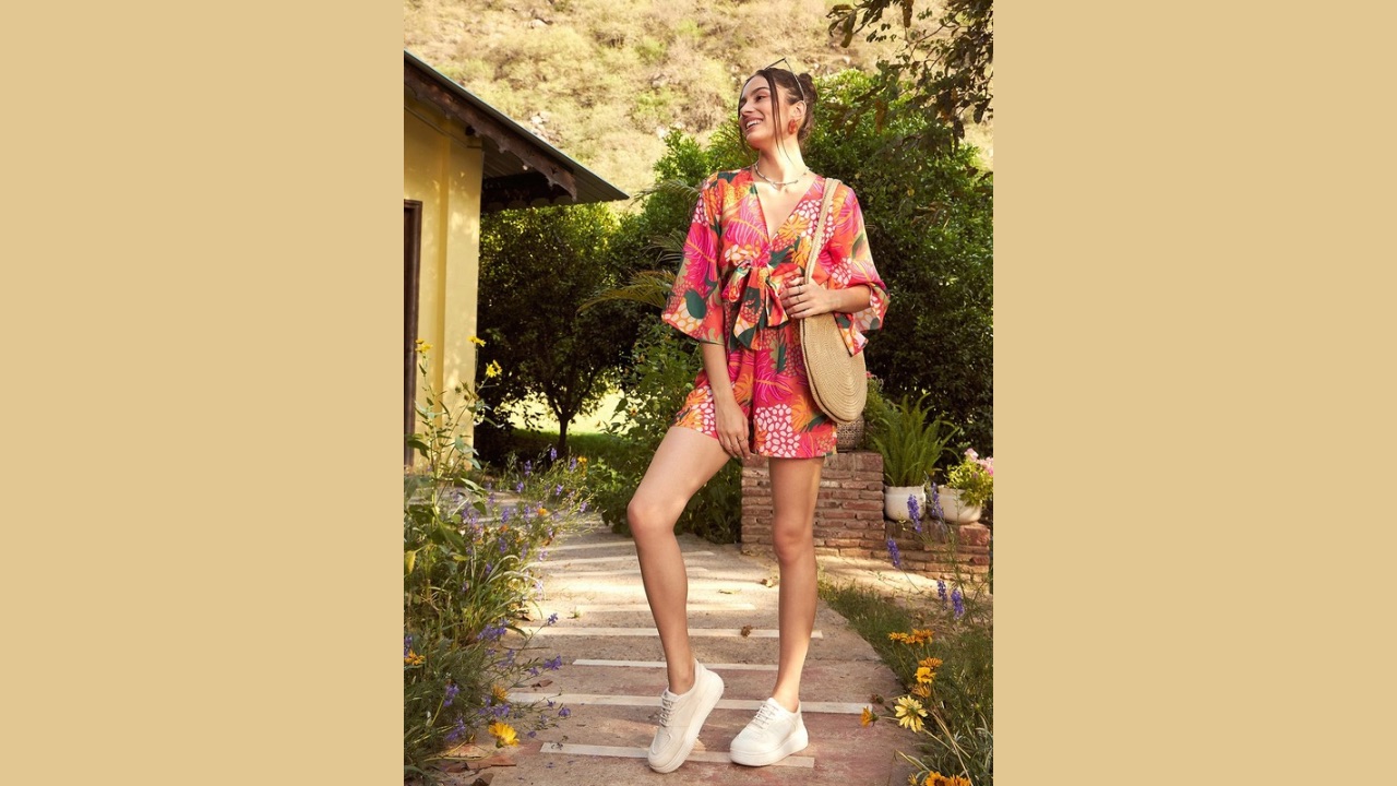SASSAFRAS Orange & Green Floral Printed Front Tie Knot Playsuit