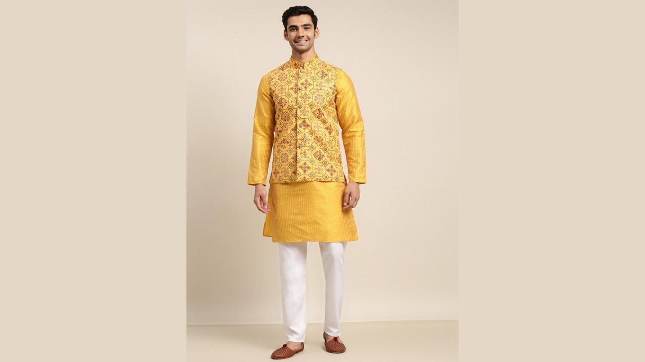SOJANYA Men Mustard Yellow Kurta with Churidar & Nehru Jacket