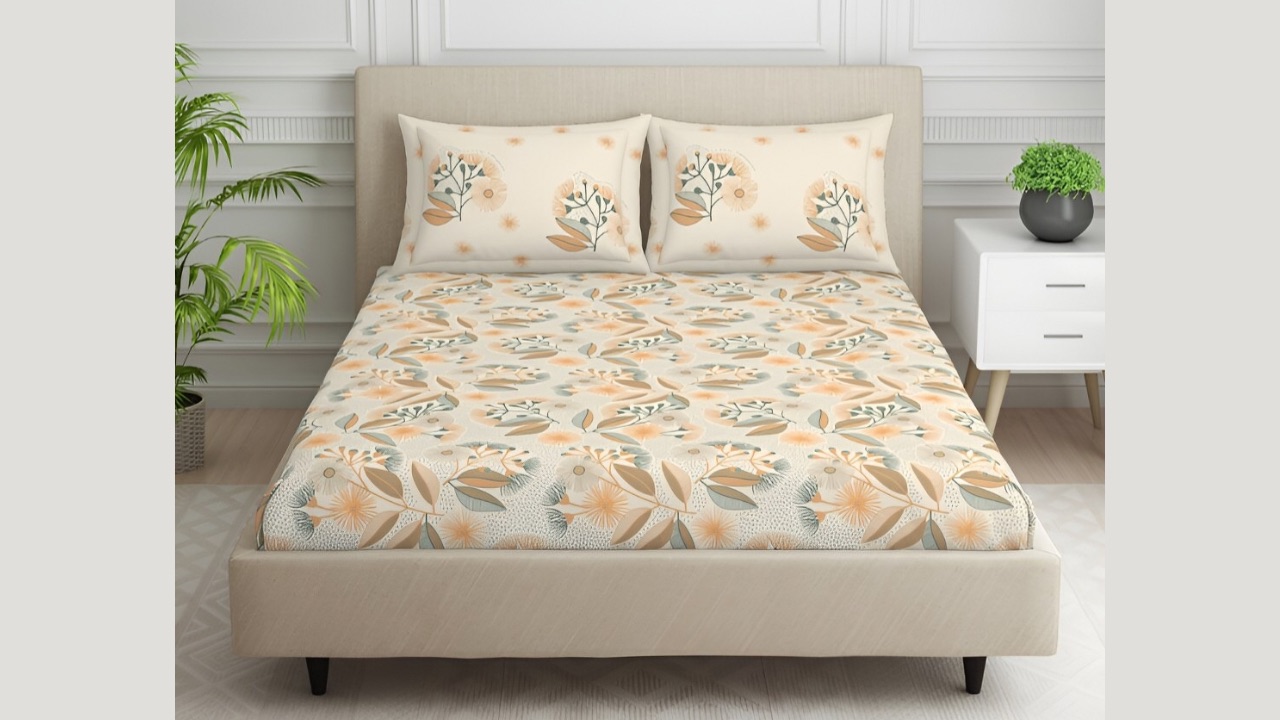 SPACES Beige & Orange Printed Cotton 144 TC King Bedsheet With 2 Pillow Covers