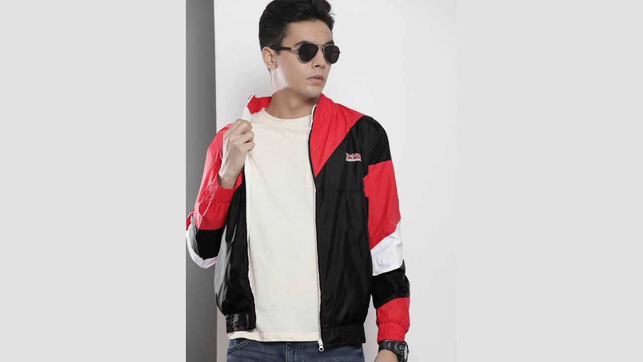 The Indian Garage Co Men Red & Black Colourblocked Outdoor Windcheater Tailored Jacket