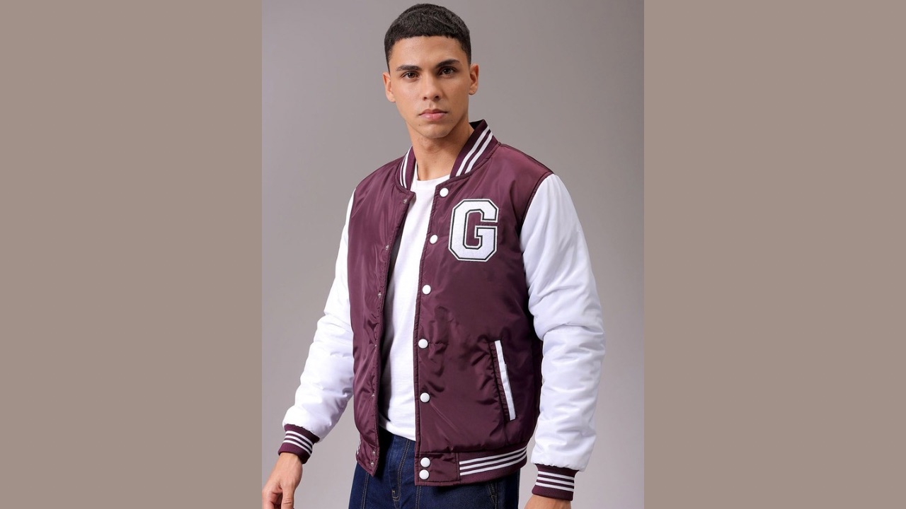 The Indian Garage Co Men Stand Collar Typography Printed Casual Varsity Jacket