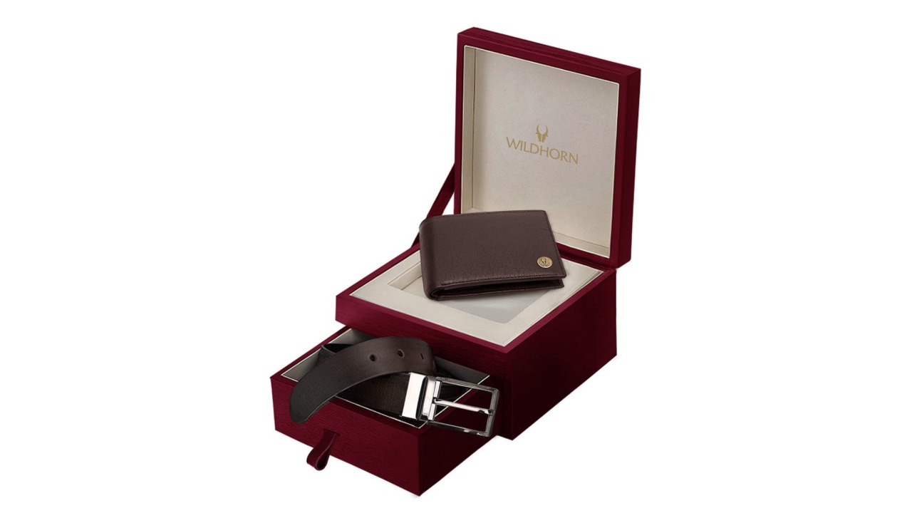 WildHorn Men Brown RFID Protected Genuine Leather Wallet & Belt Accessory Gift Set