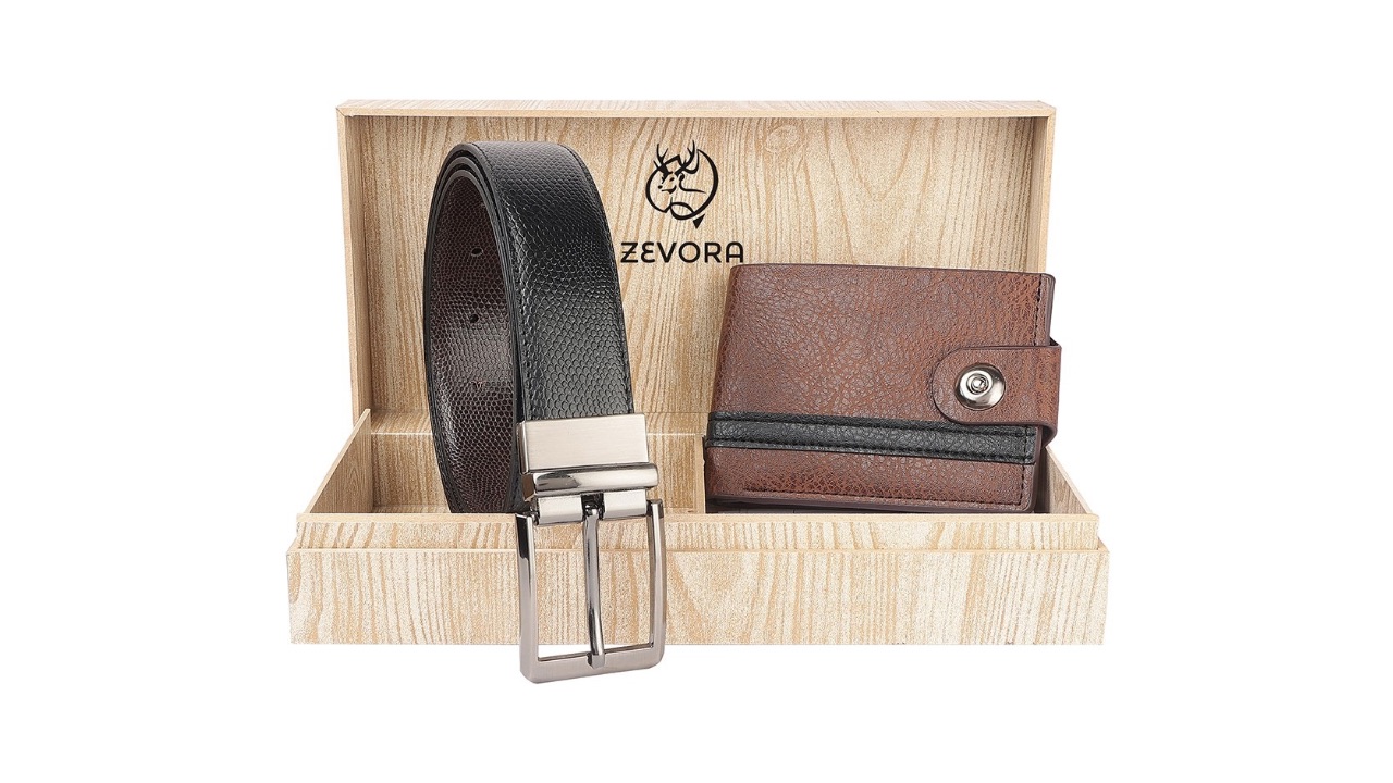 ZEVORA Leather Reversiable Belt And Wallet Gift Set