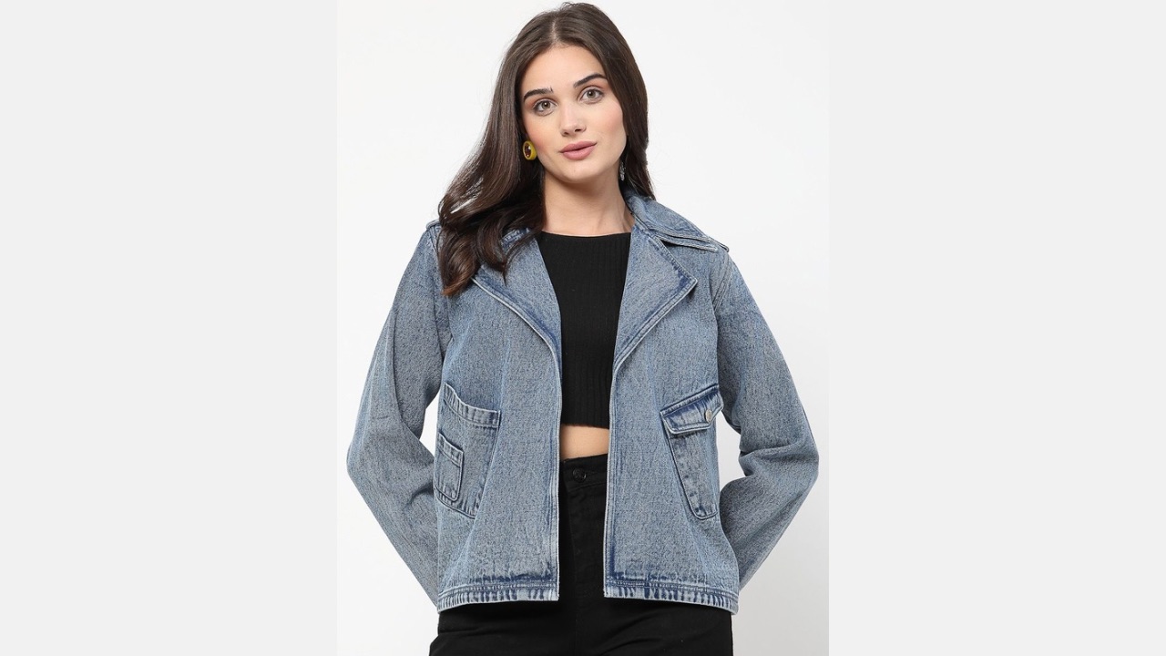 COSMIC TRIO Women Double Collar Washed Self Design Cotton Casual Denim Jacket