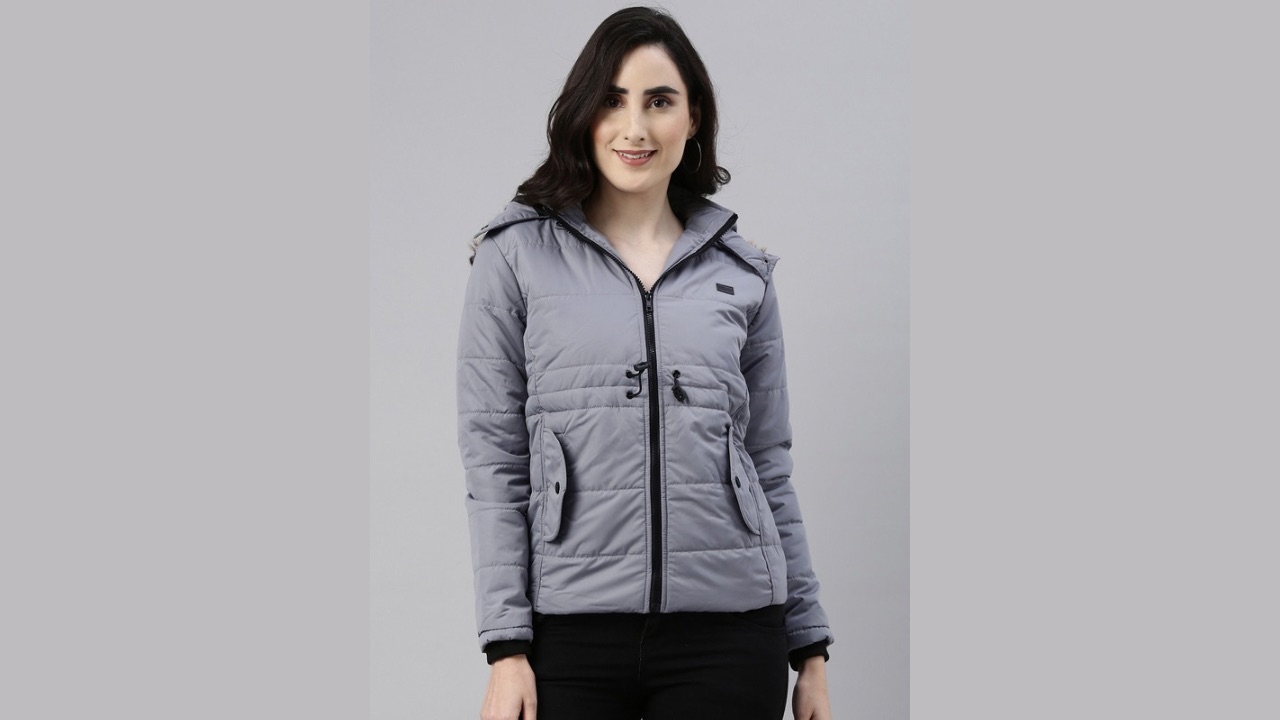 Campus Sutra Women Grey Windcheater Hooded Padded Jacket