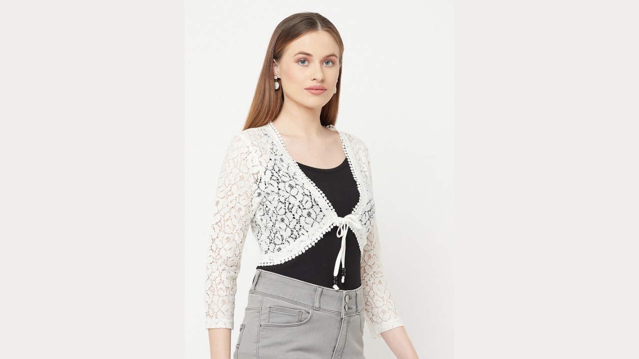 Espresso Women Off White Crop Tie-Up Shrug