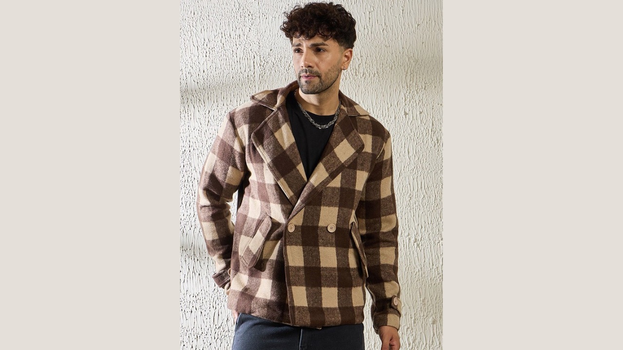 FUGAZEE Checked Notched LapelDouble-Breasted Blazer