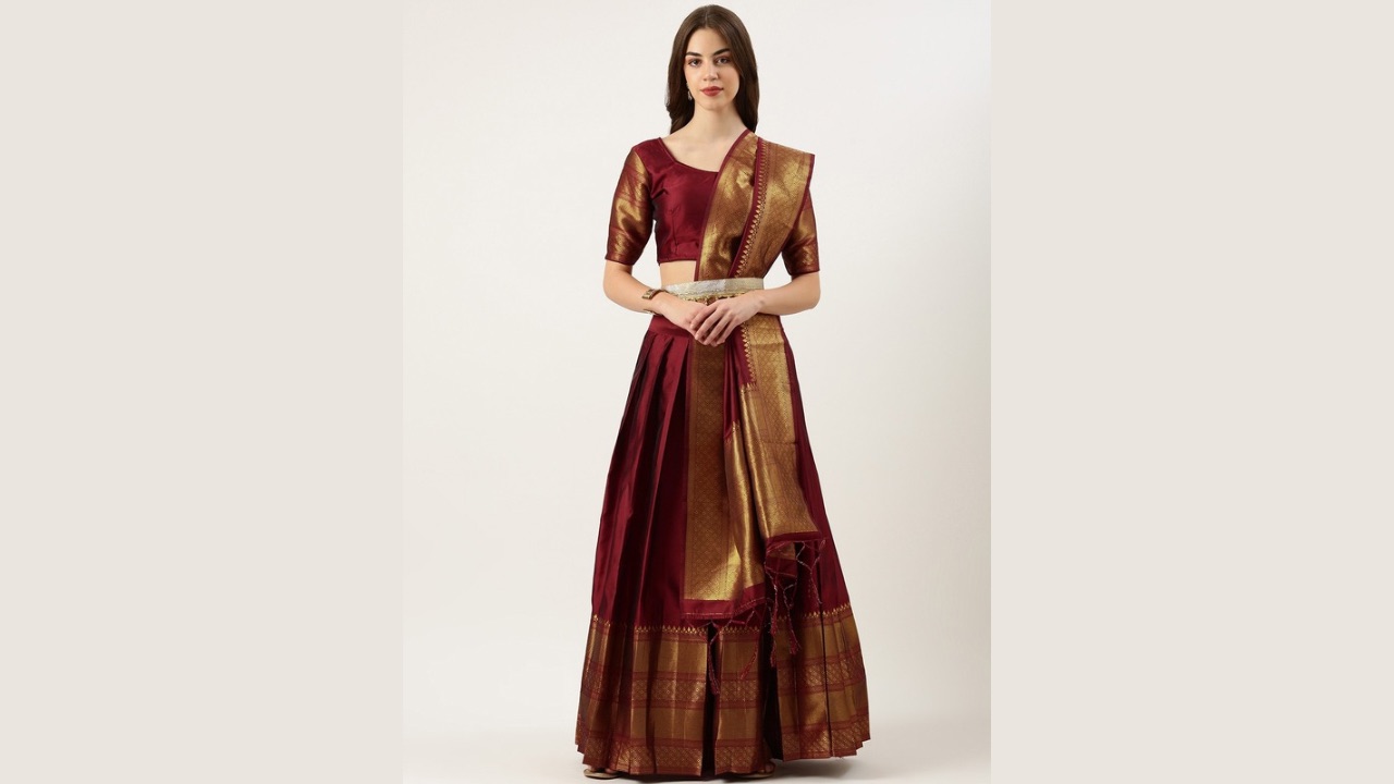 Fabcartz Woven Design Semi-Stitched Lehenga & Unstitched Blouse With Dupatta