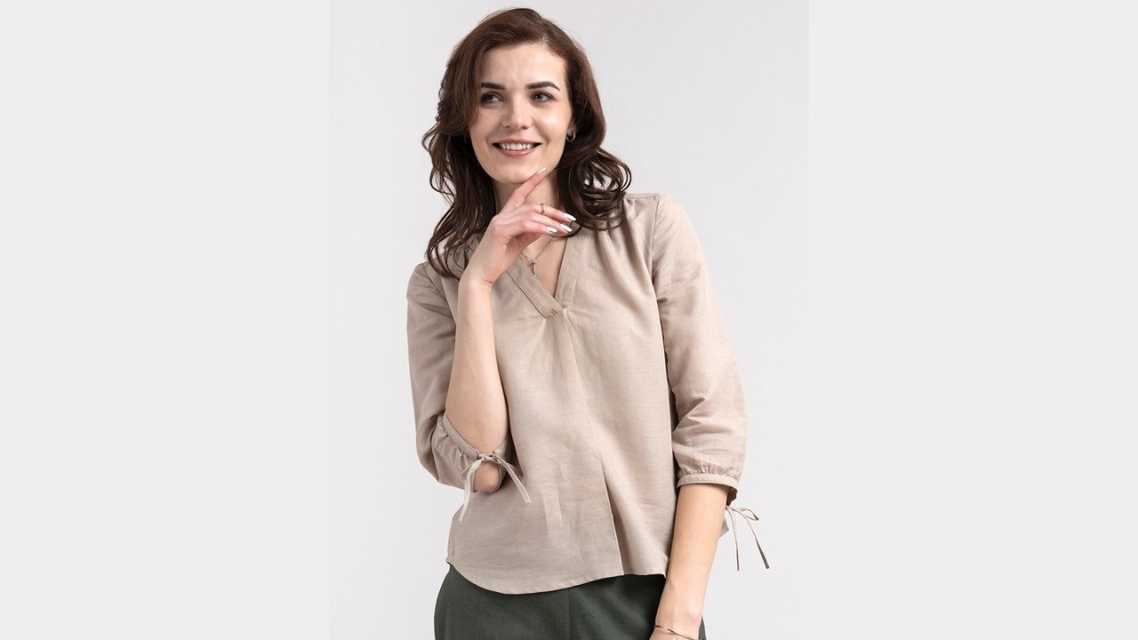 FableStreet Beige Linen Tie Up Sleeve Top