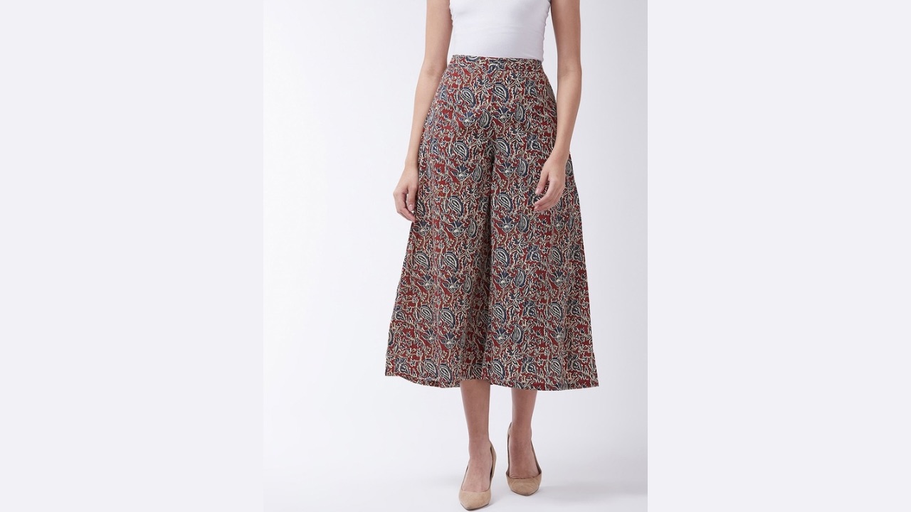 InWeave Women Maroon & Navy Blue Flared Printed Kalamkari Culottes
