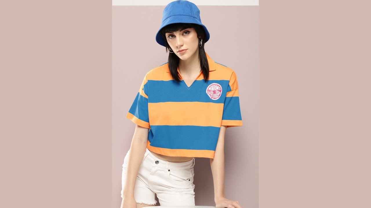Kook N Keech Minions Striped Polo Collar Drop-Shoulder Sleeves Pure Cotton Boxy T-shirt