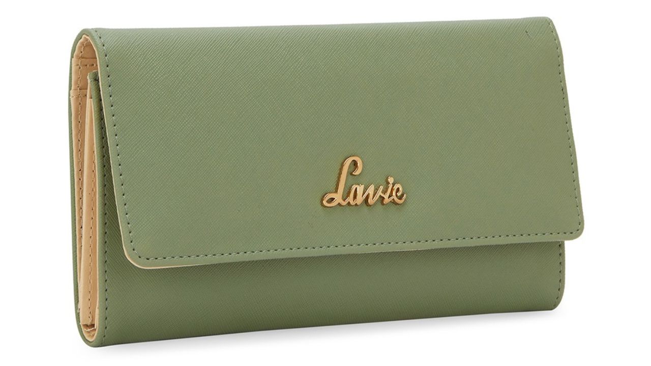 Lavie Trifold Green & Gold-Toned Textured PU Envelope Large Three Fold Wallet