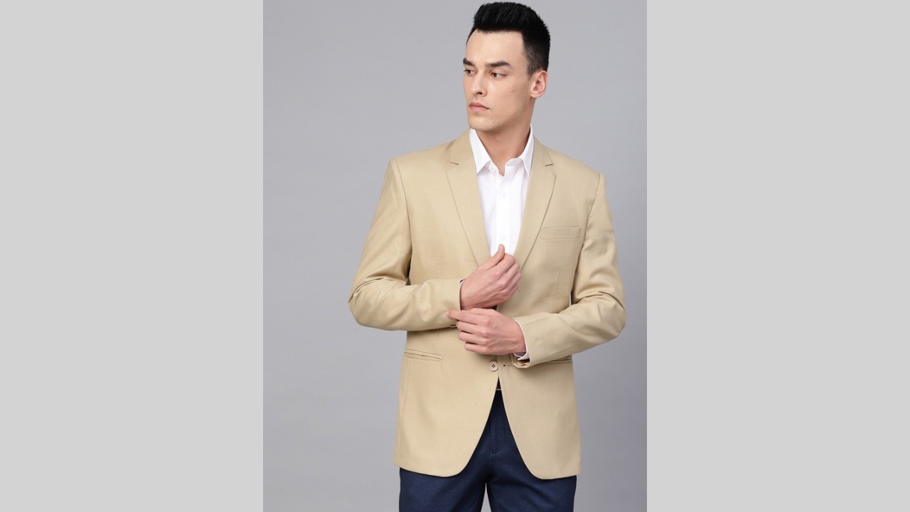 MANQ Men Beige Slim Fit Solid Single-Breasted Formal Blazer