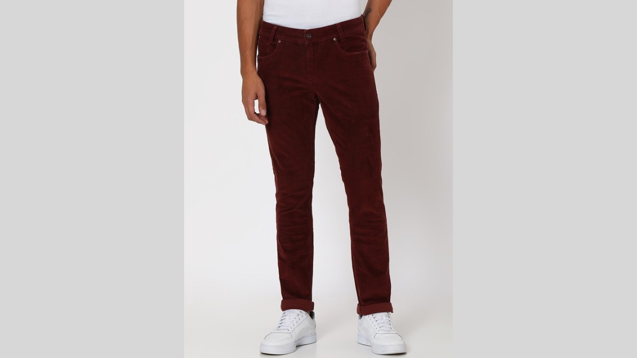 Mufti Men Slim Fit Mid-Rise Plain Cotton Corduroy Trousers