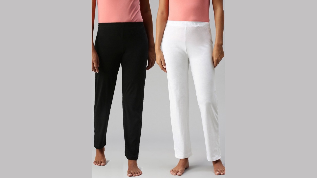 NOT YET by us Women Pack of 2 White & Black Solid Cotton Lounge Pants
