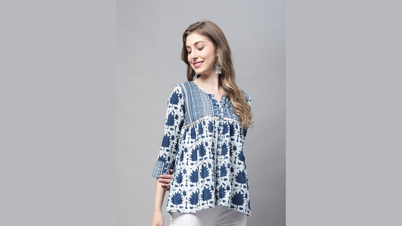 Rajnandini Floral Print Bell Sleeve Cotton A-Line Top