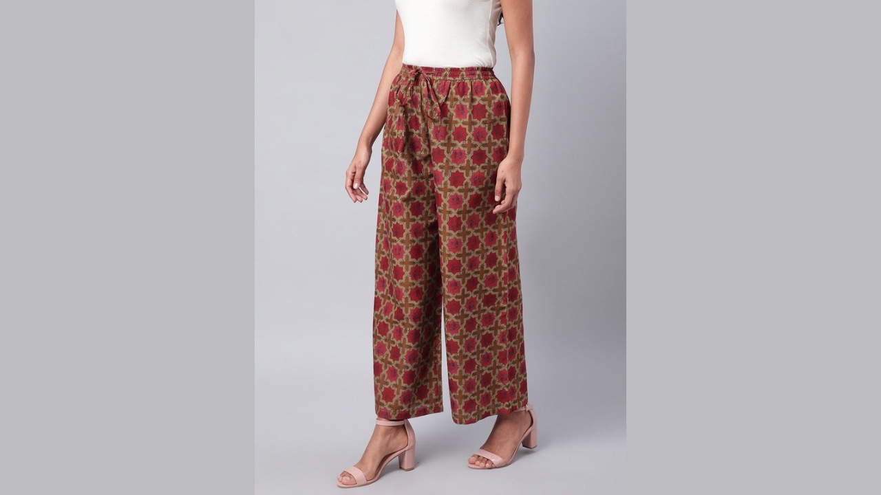 Sringam Women Maroon & Olive Green Printed Wide Leg Palazzos