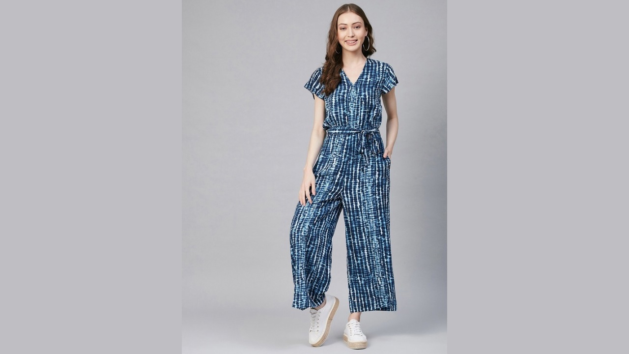 StyleStone Blue & White Tie & Dye Printed Basic Jumpsuit