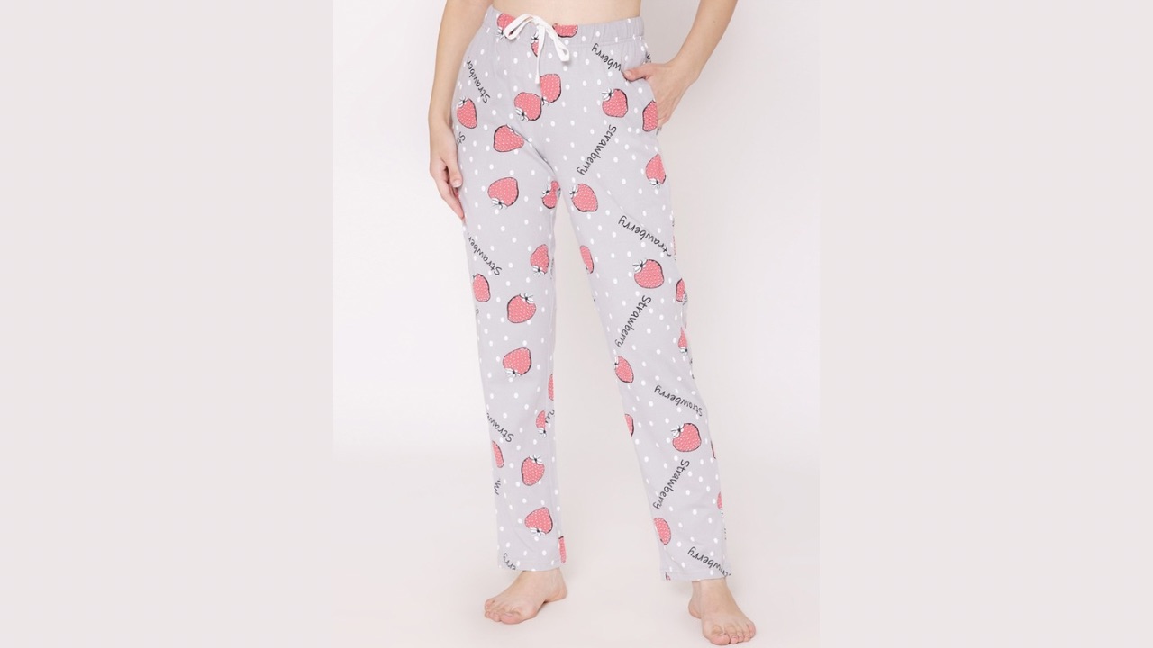 Vami Women Grey & Pink Printed Cotton Lounge Pants