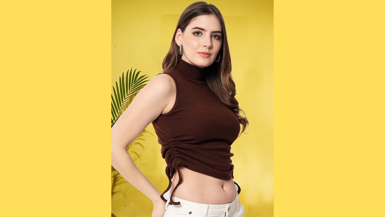 angloindu Brown Solid Tank Crop Top