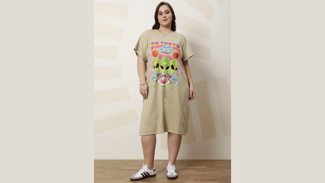 Athena Ample Women Plus Size Graphics Printed Round Neck Cap Sleevess Midi Tshirt Dress