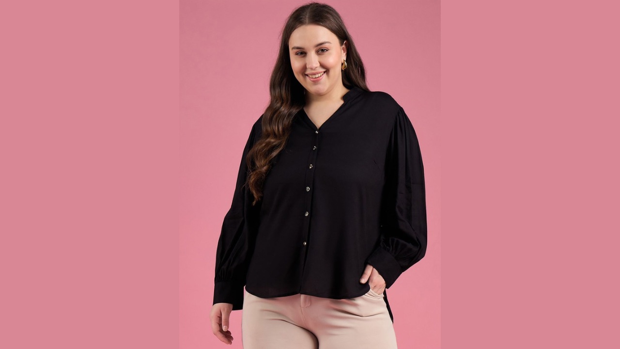 DressBerry Curve Women Classic Mandarin Collar Solid Plus Size Shirt