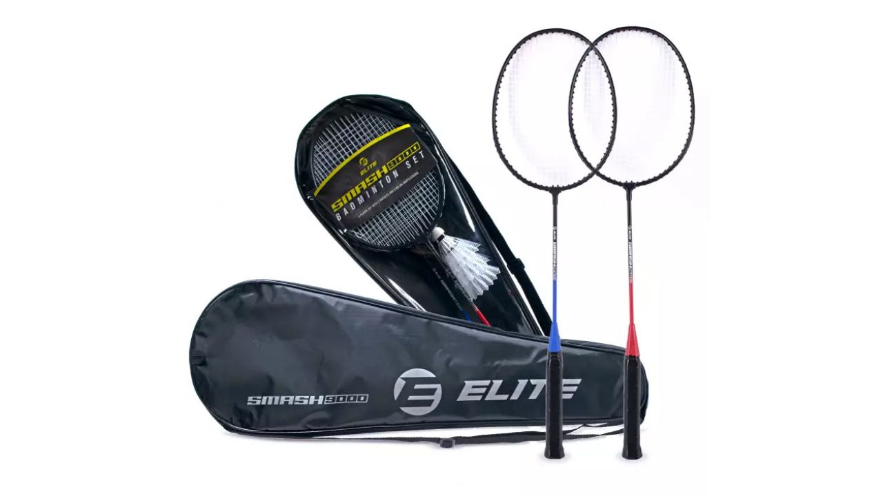 Elite Smash9000 2-Player Badminton Racket Set - Blue & Red with Free Carry Bag and 3pcs Shuttlecocks