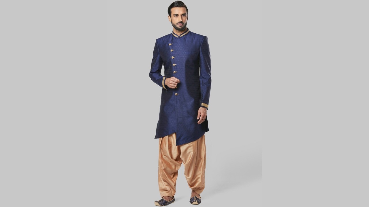 Ethnix by Raymond Mandarin Collar Sherwani With Dhoti Pant