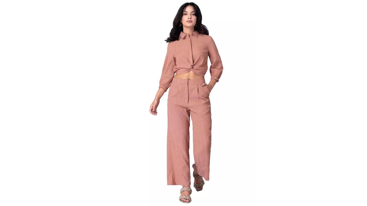 FabAlley Peach Front Knot Shirt and Pant Set