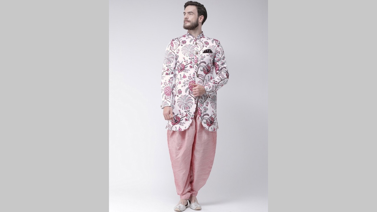 Hangup Men White & Pink Printed Sherwani Set