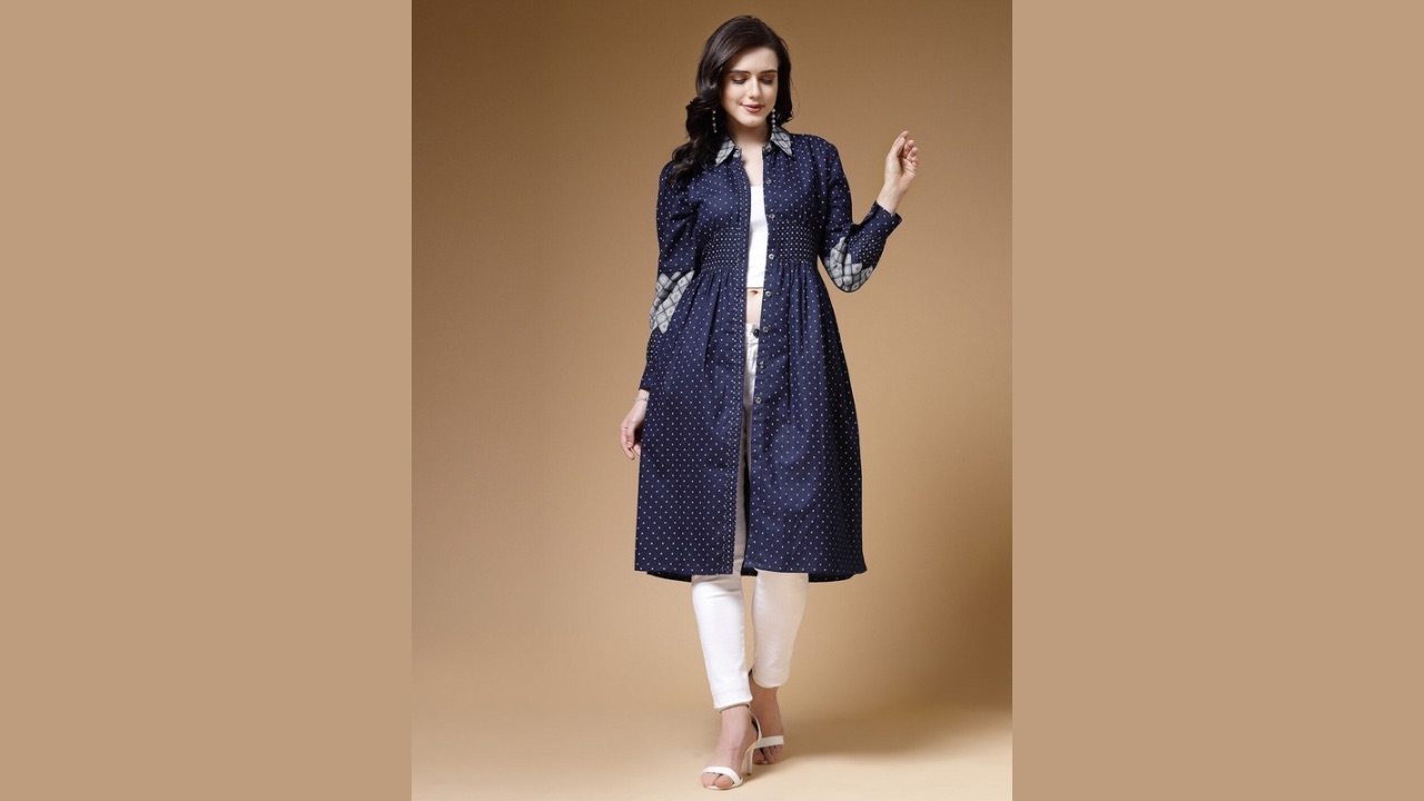 Indibelle Polka Dots Printed Long Sleeves Cotton Longline Denim Shrug