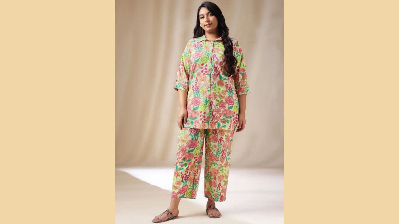 Janasya Plus Size Floral Printed Three Quarter Sleeve Shirt And Trouser