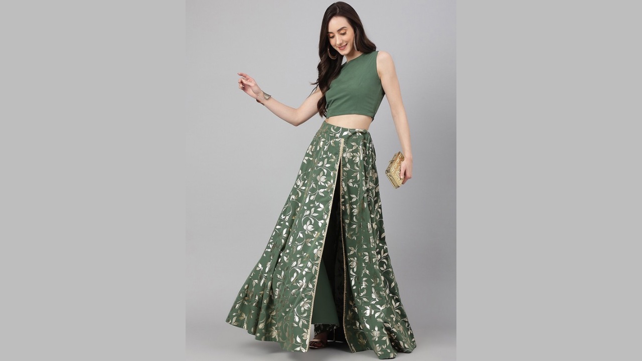 Janasya Women Floral Foil Print Gotta Patti Crepe Lehenga Choli With Trousers
