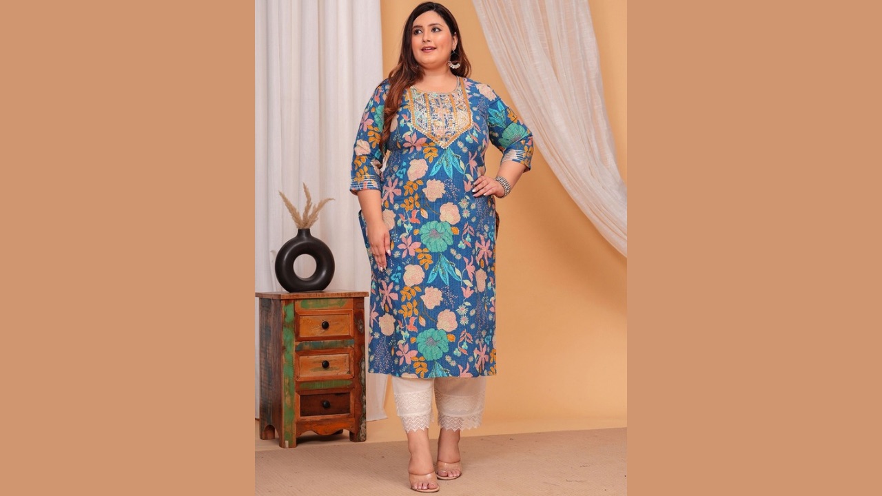 LABULY Plus Size Floral Embroidered Kantha Work Pure Cotton Straight Kurta