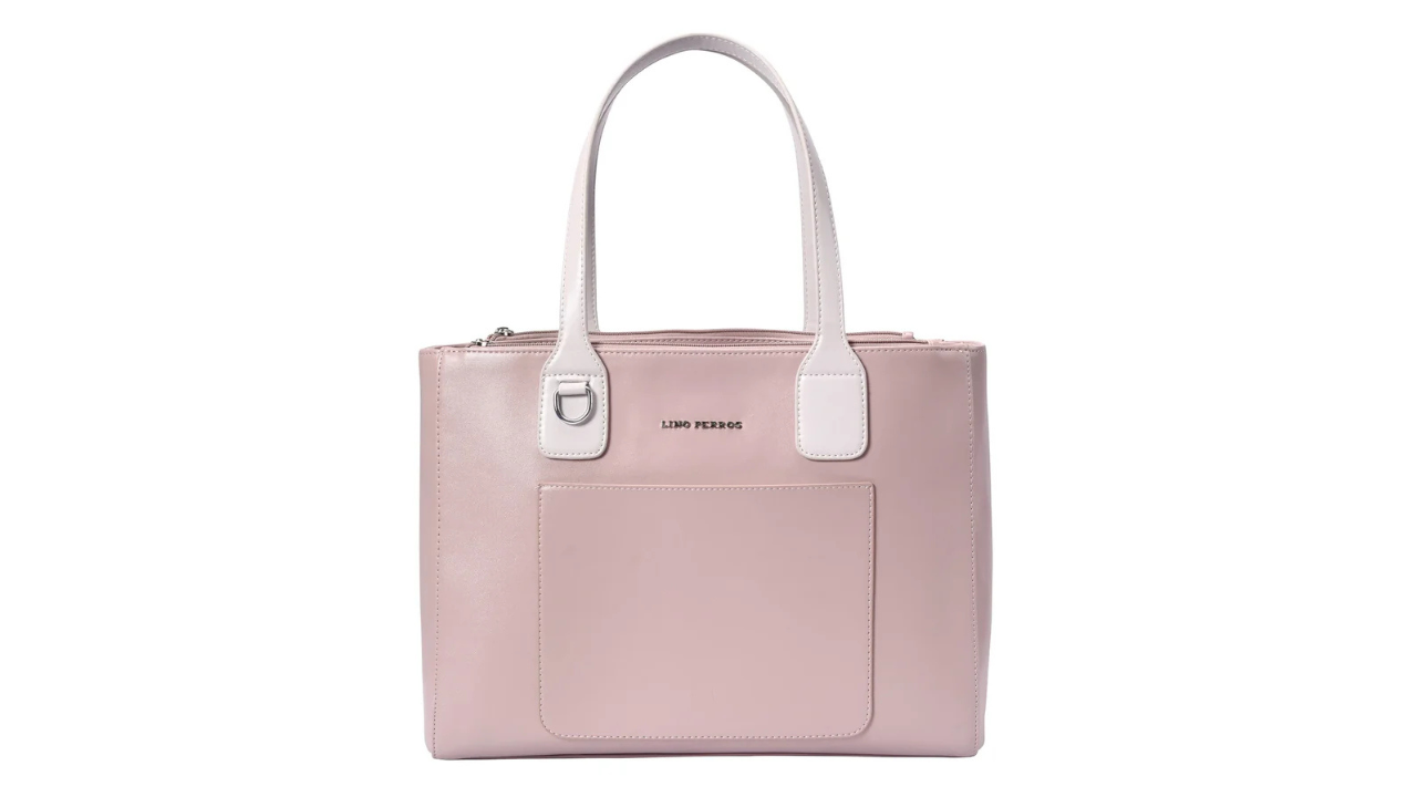 Structured laptop shoulder bag by Lino Perros in soft pink and white for working women