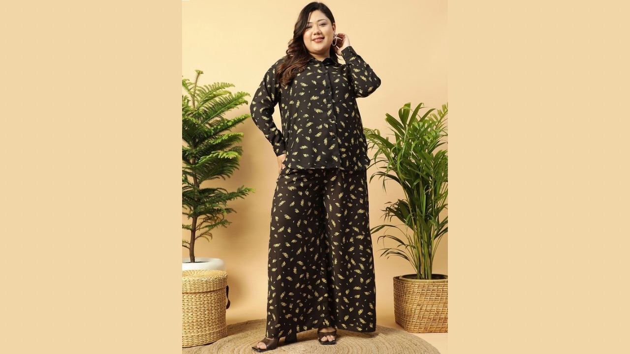 Oxolloxo Plus Size Floral Printed Shirt Collar Shirt With Palazzos