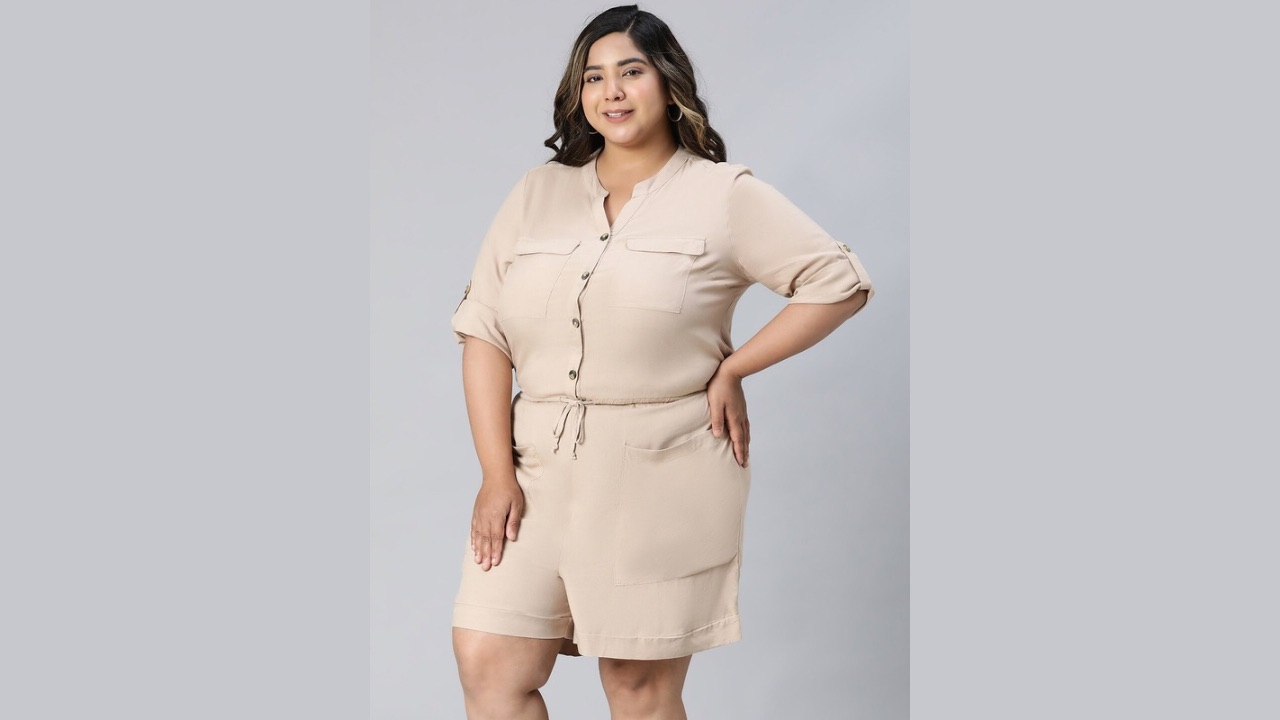 Oxolloxo Plus Size Mandarin Collar Roll-Up Sleeves Waist Tie-Ups Detailed Playsuit