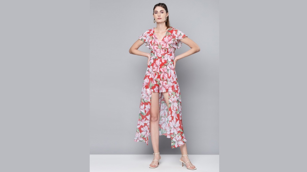 SASSAFRAS Coral Red & Green Floral Printed Layered Jumpsuit