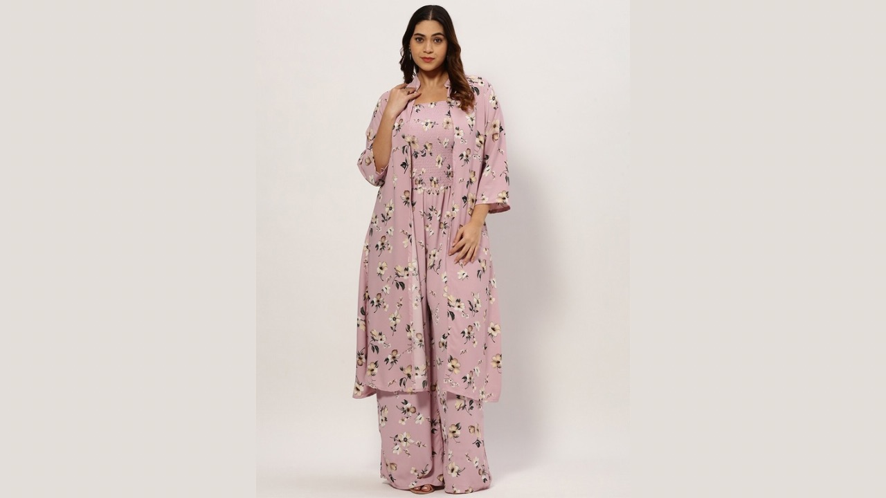 SHOWOFF Plus Women Plus Size Floral Printed Smocked Basic Jumpsuit With Shrug