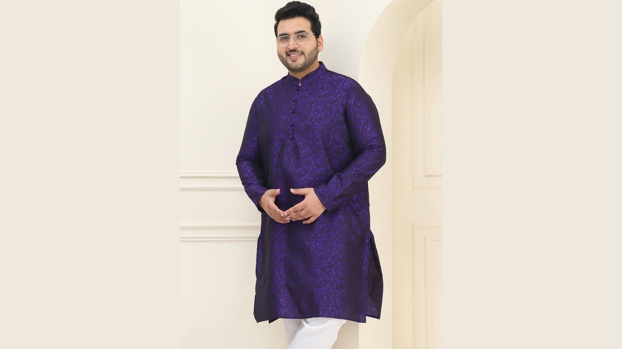 SOJANYA PLUS Men Plus Size Purple Woven Design Straight Kurta