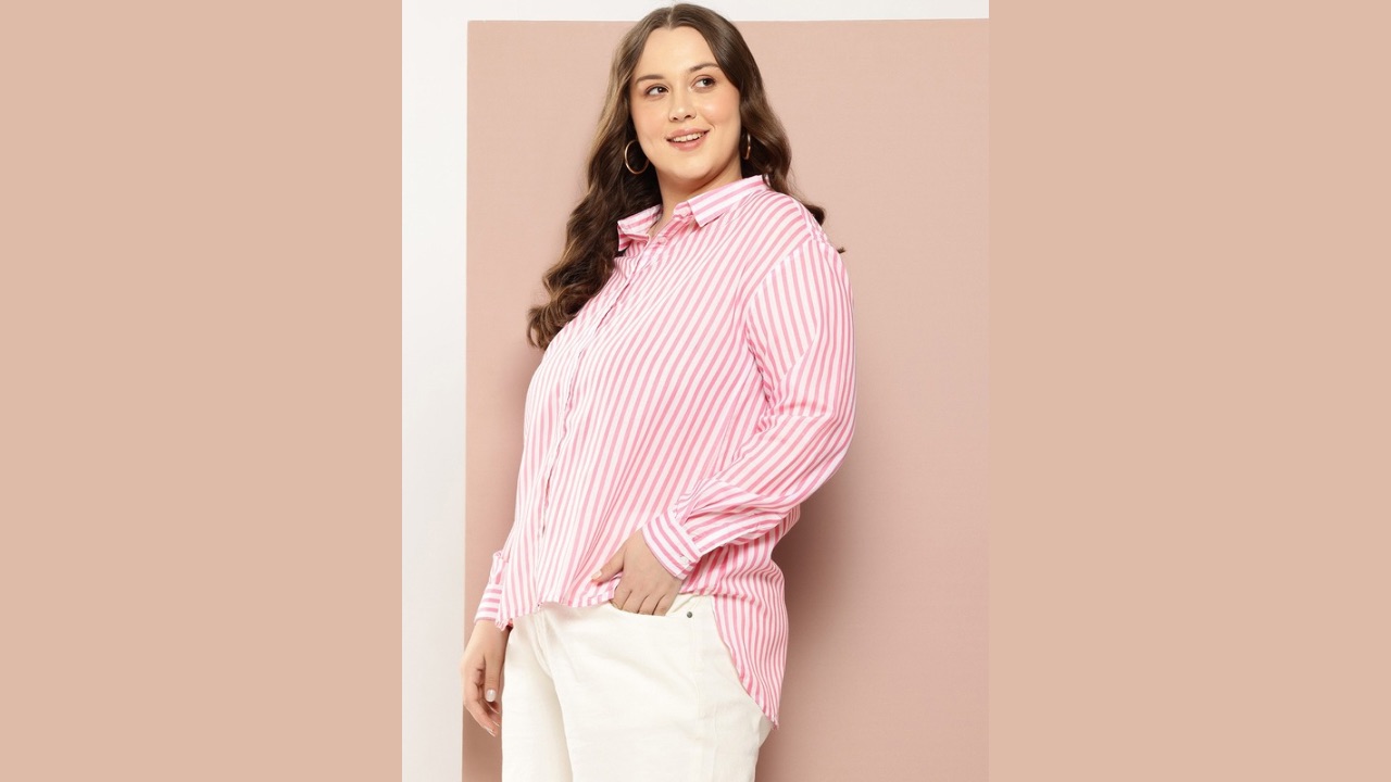 Sztori Plus Size Striped Drop-Shoulder Sleeves Casual Shirt
