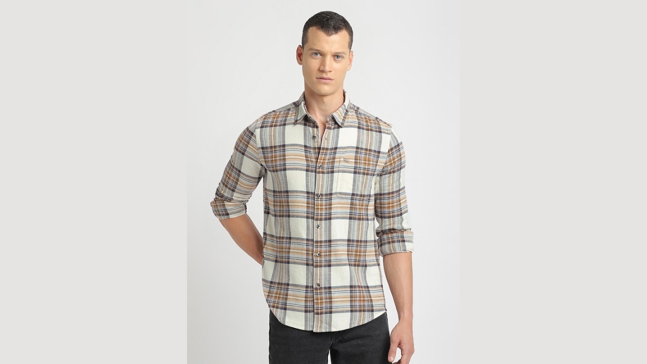 THE BEAR HOUSE Spread Collar Slim Fit Tartan Checked Casual Cotton Shirt