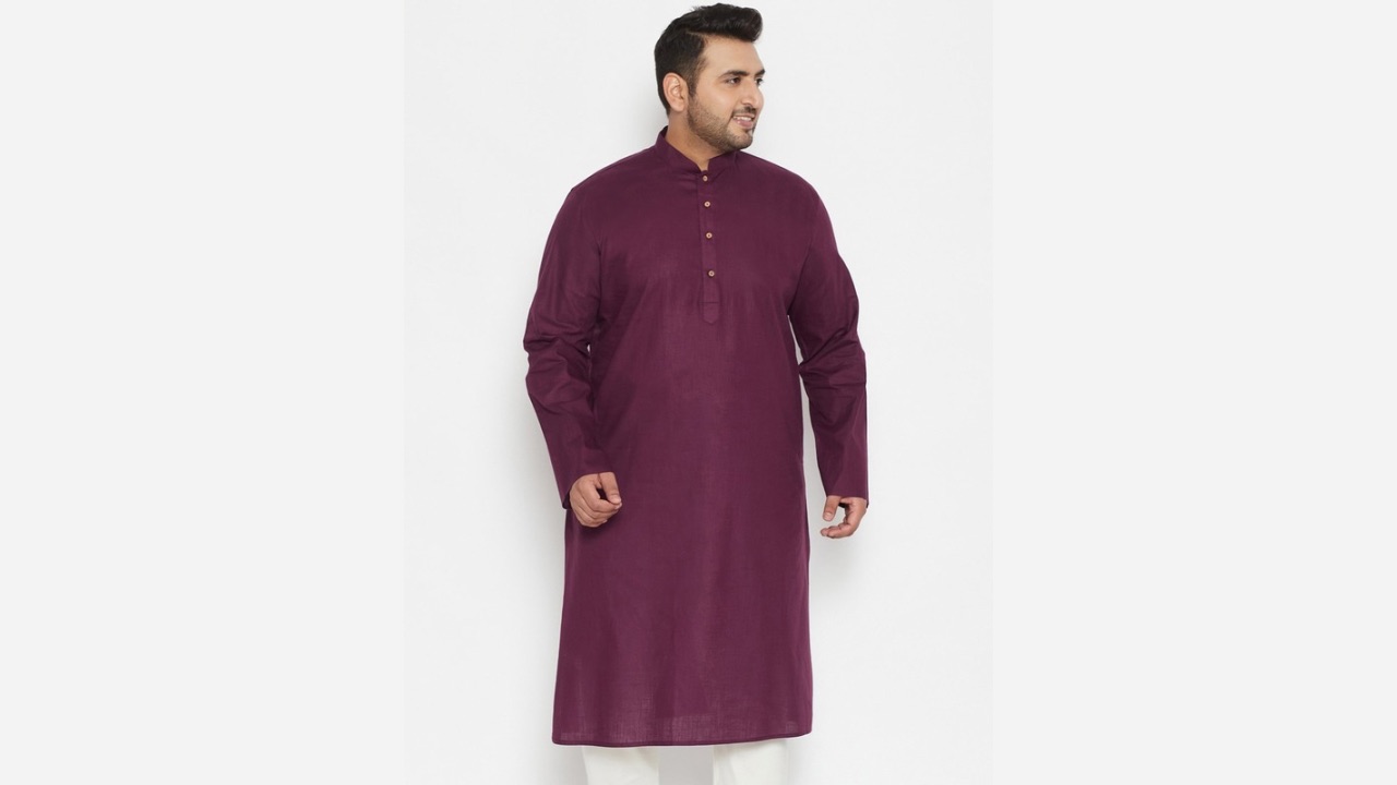 VASTRAMAY Men Plus Size Purple Solid Cotton Kurta