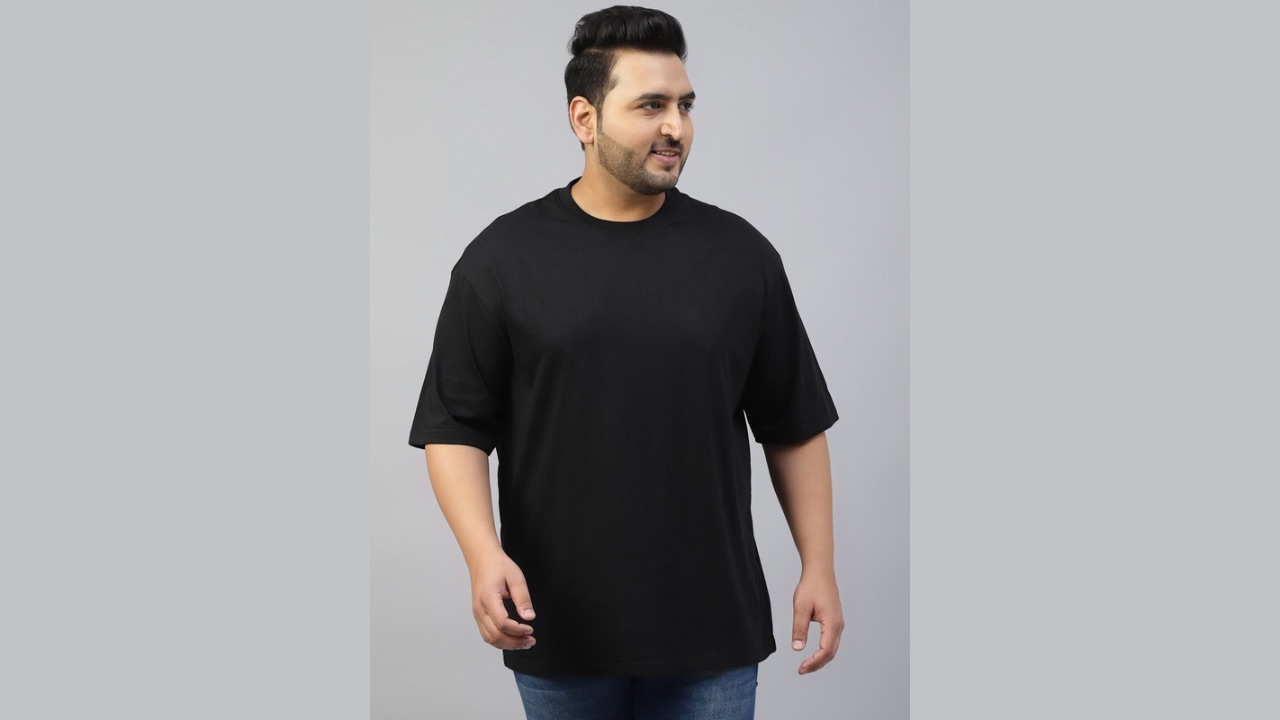 VEIRDO Men Plus Size Solid Round Neck Pure Cotton Oversized T-shirt