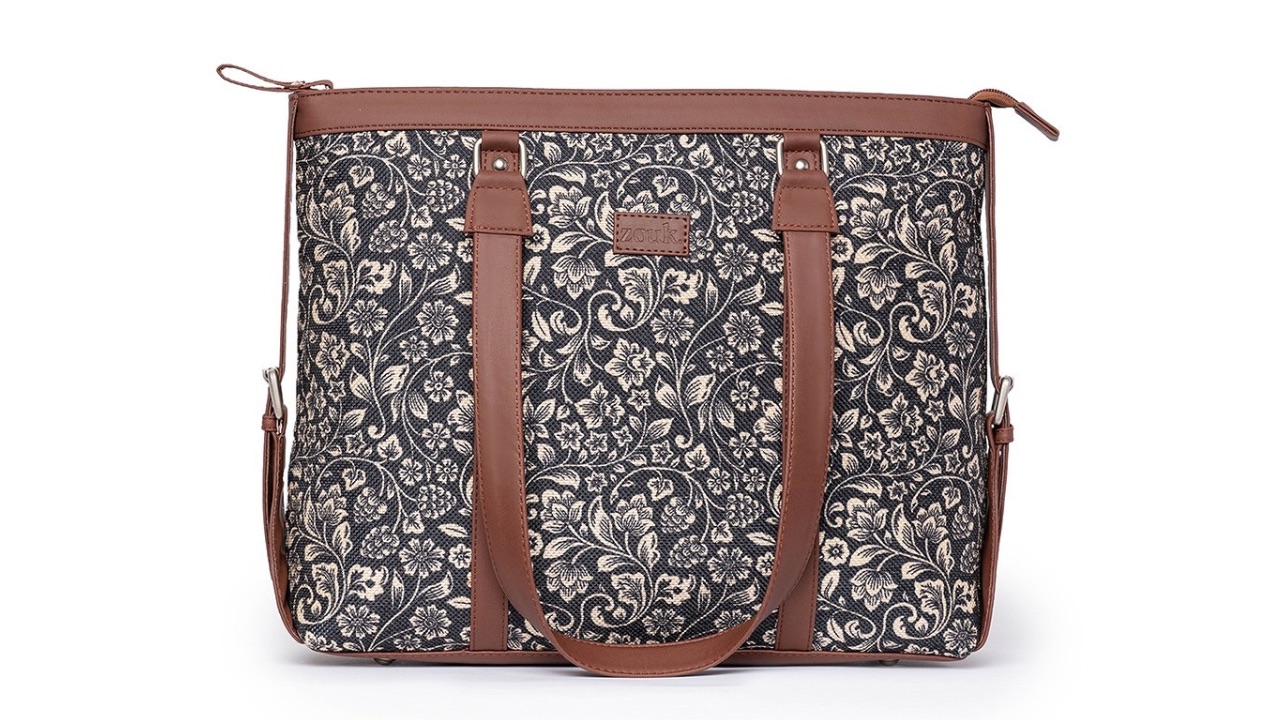 ZOUK Black and Beige Printed Handicraft Fabric & Vegan Leather Sustainable Shoulder Bag