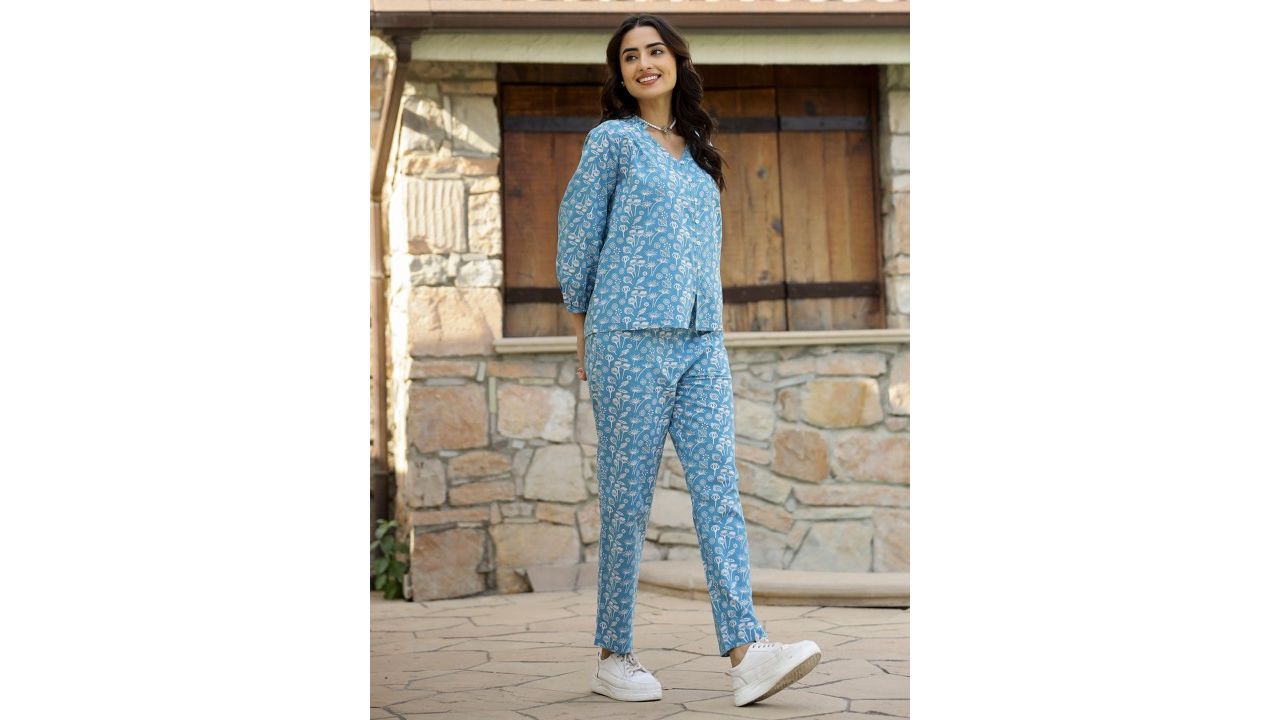 Sanskrutihomes Blue Printed Pure Cotton Top with Trousers