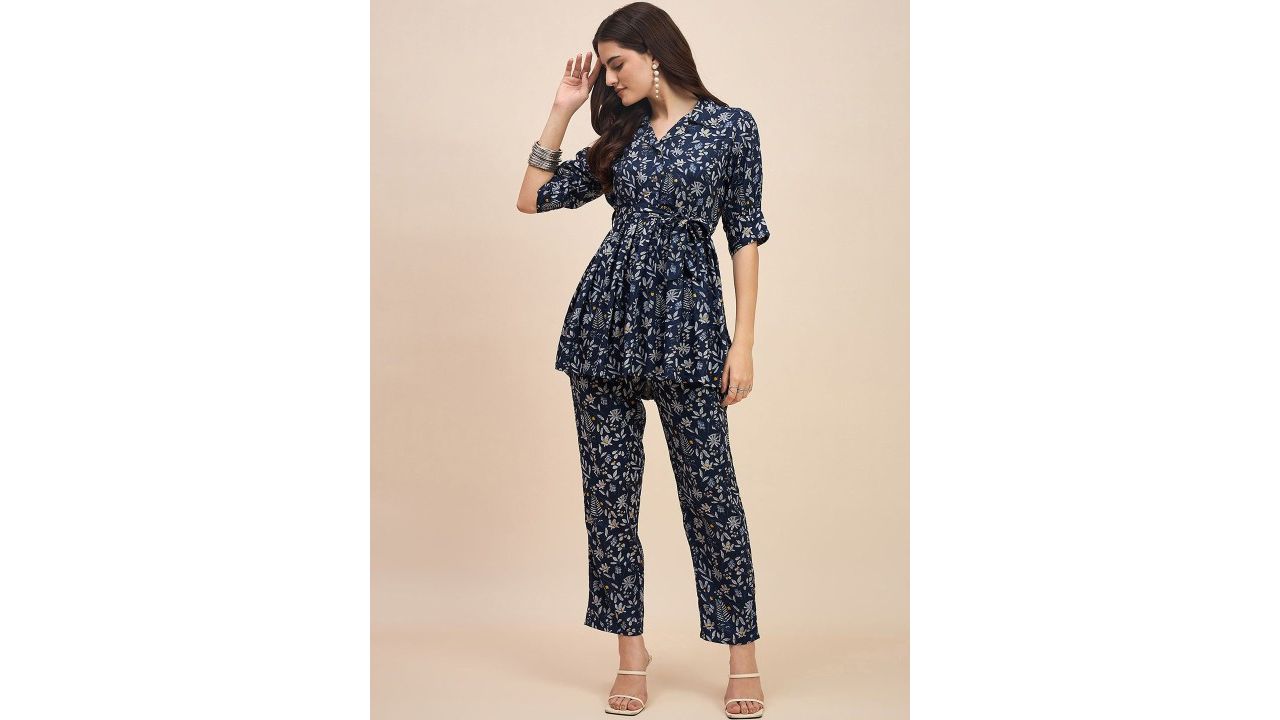 Truvon Fashions Printed V-Neck Tunic and Trousers Co-ord