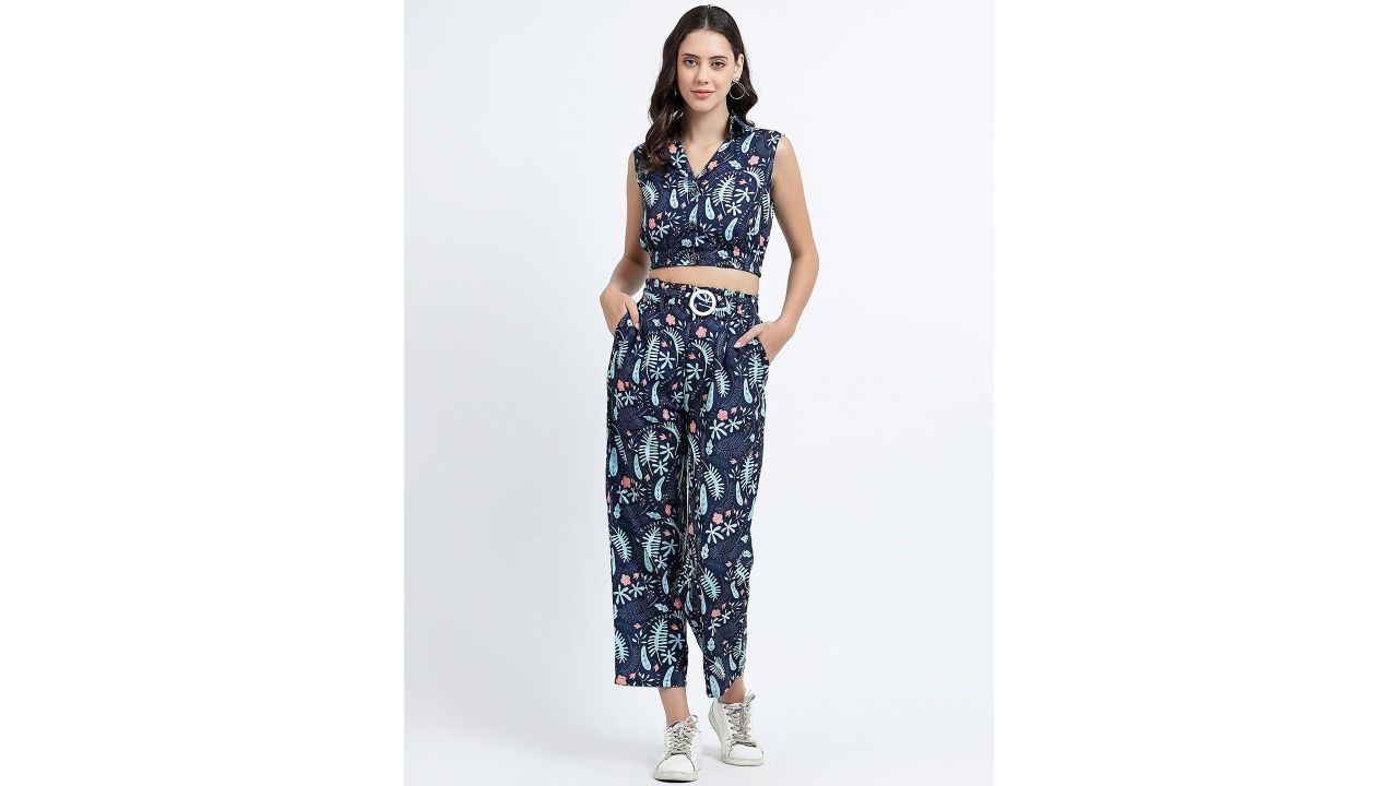 Stitch Monkey Leaves Printed Crop Top with Pants