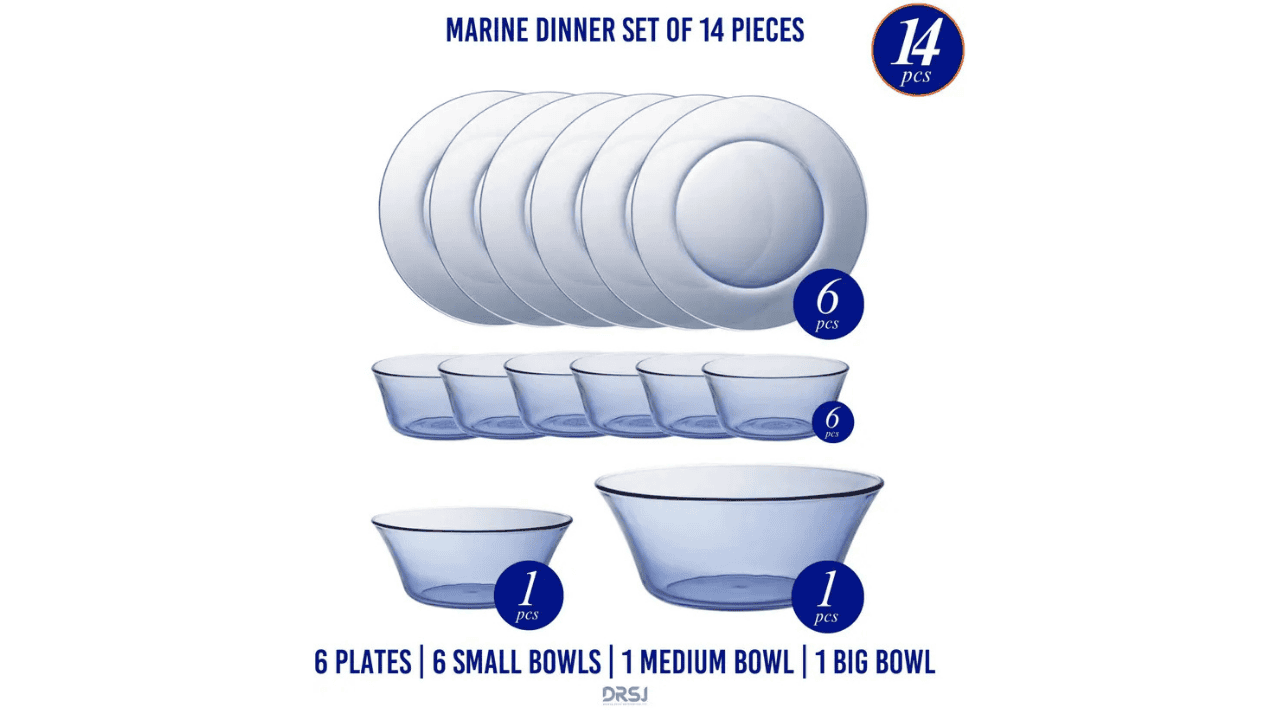Duralex Marine Dinner Set featuring sleek glass plates and bowls in a minimalist marine blue hue.
