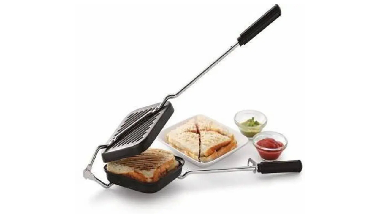 Flawless non-electric sandwich toaster with non-stick surface and handle for stove use.